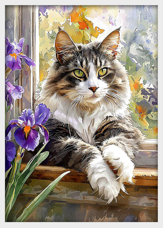 Fluffy Cat by Window with Irises – Serene Garden View Canvas & Poster Wall Art – T1288 – AiPrintLab
