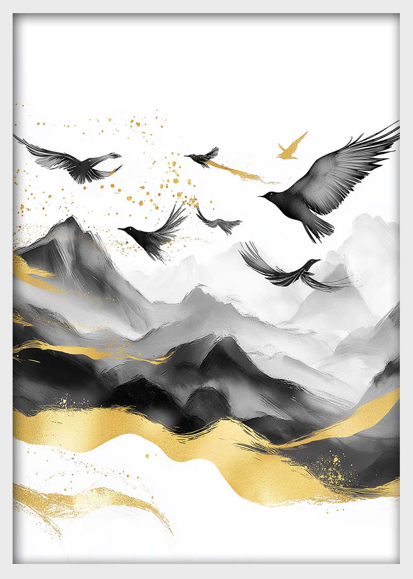 Flying Birds Over Mountains – Black, White & Gold Canvas & Poster Wall Art – T1404 –
