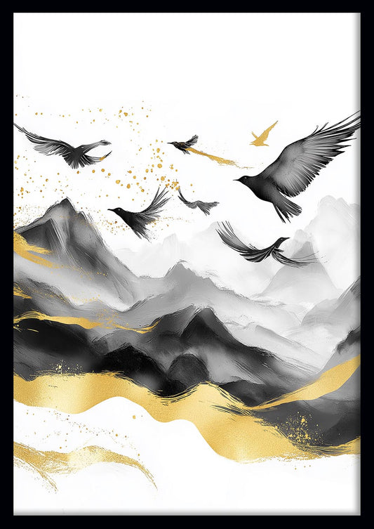 Flying Birds Over Mountains – Black, White & Gold Canvas & Poster Wall Art – T1404 –