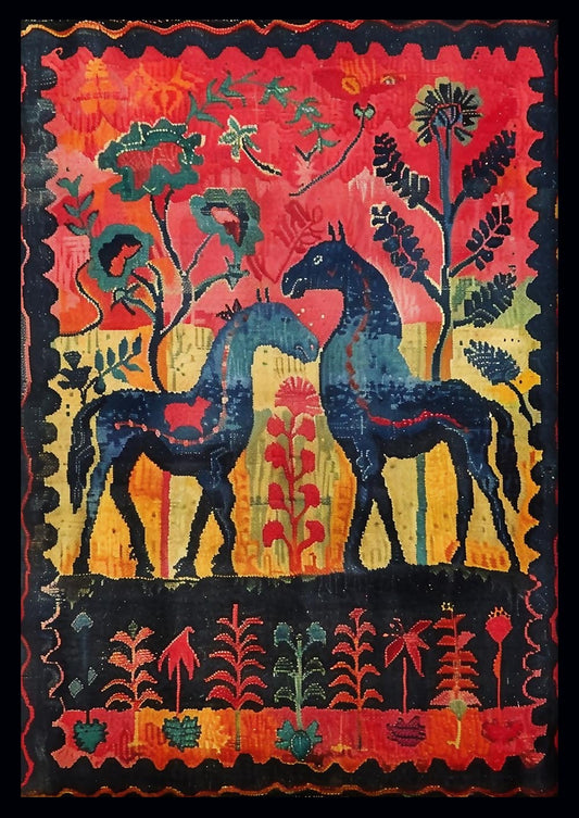 Folk Horses & Floral Pattern – Vintage Tapestry Style Canvas & Poster Art – T831 – AiPrintLab
