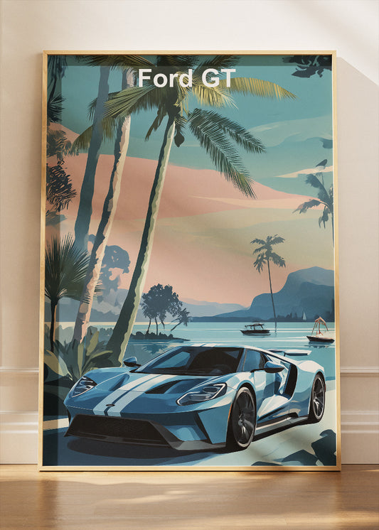Ford GT Coastal Art Poster & Canvas Print – Blue Supercar Tropical Wall Art