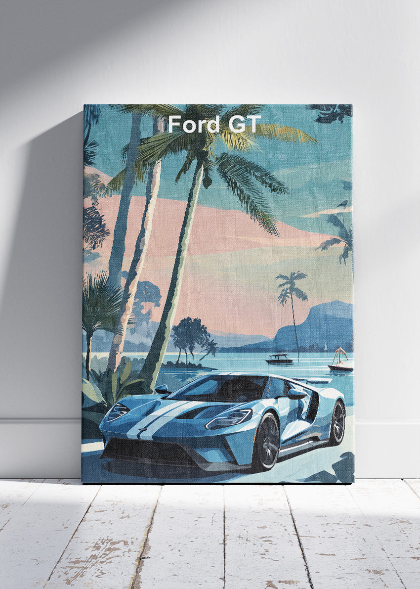 Ford GT Coastal Art Poster & Canvas Print – Blue Supercar Tropical Wall Art