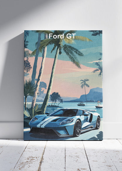 Ford GT Coastal Art Poster & Canvas Print – Blue Supercar Tropical Wall Art