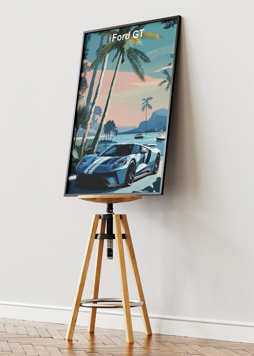 Ford GT Coastal Art Poster & Canvas Print – Blue Supercar Tropical Wall Art