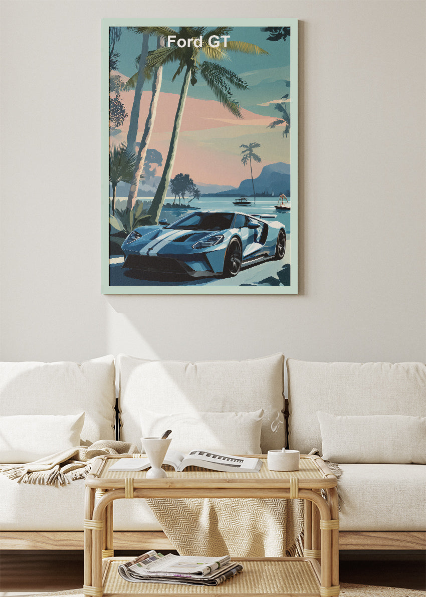 Ford GT Coastal Art Poster & Canvas Print – Blue Supercar Tropical Wall Art