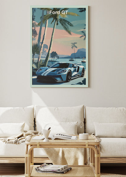Ford GT Coastal Art Poster & Canvas Print – Blue Supercar Tropical Wall Art