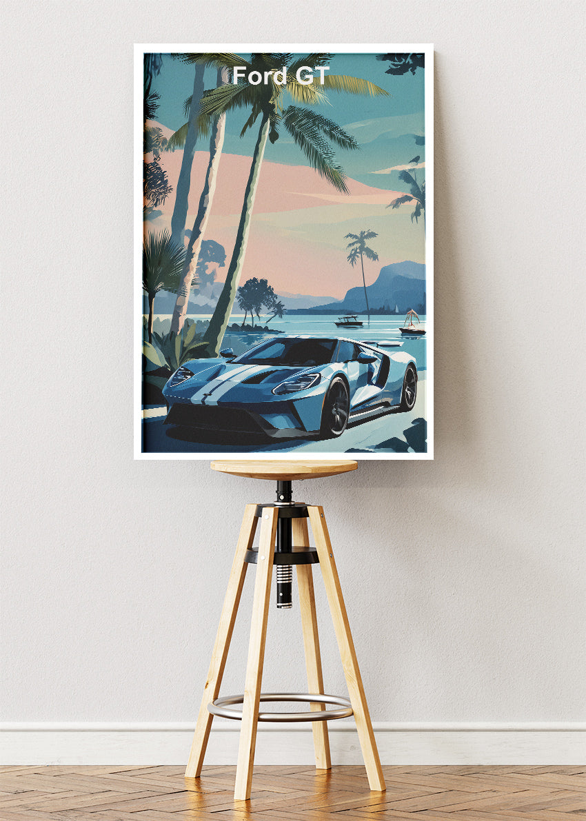 Ford GT Coastal Art Poster & Canvas Print – Blue Supercar Tropical Wall Art