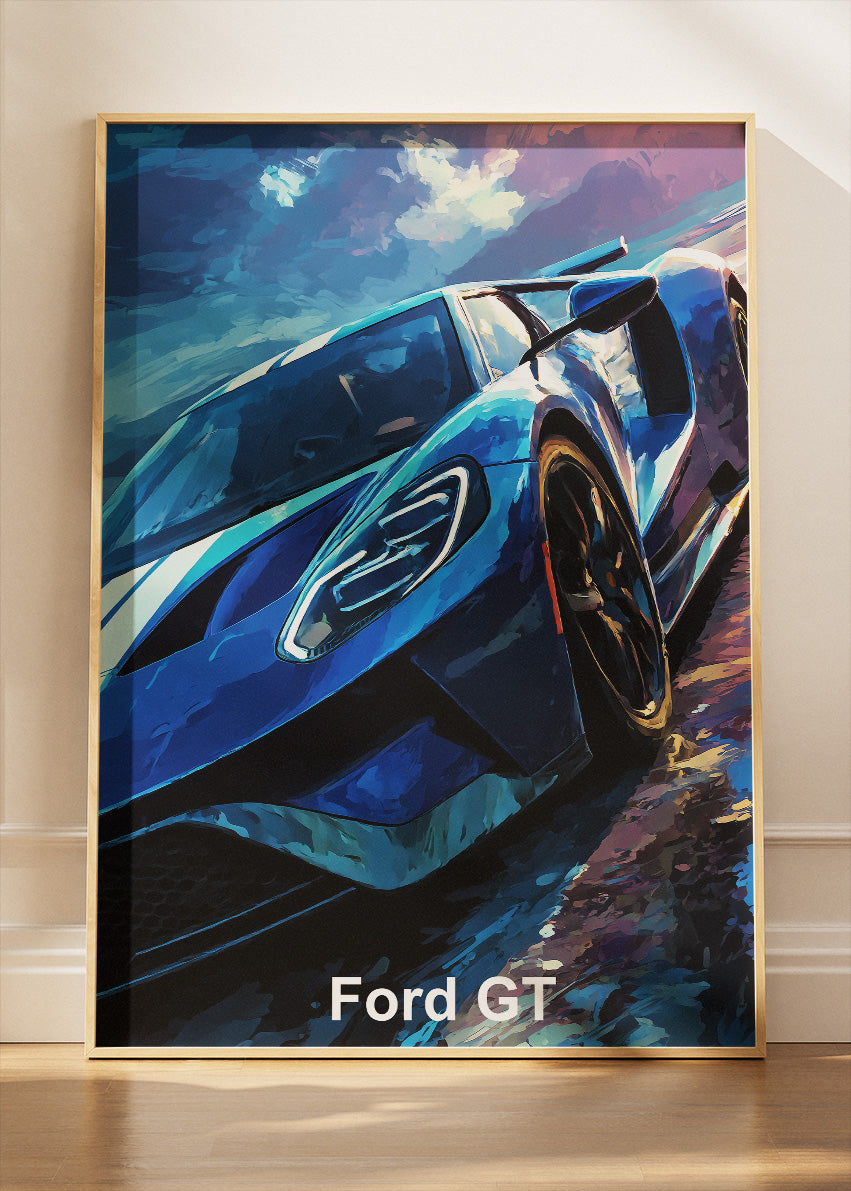 Ford GT Racing Art Poster & Canvas Print – Blue Performance Supercar Wall Art