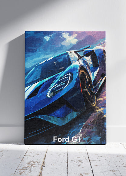 Ford GT Racing Art Poster & Canvas Print – Blue Performance Supercar Wall Art