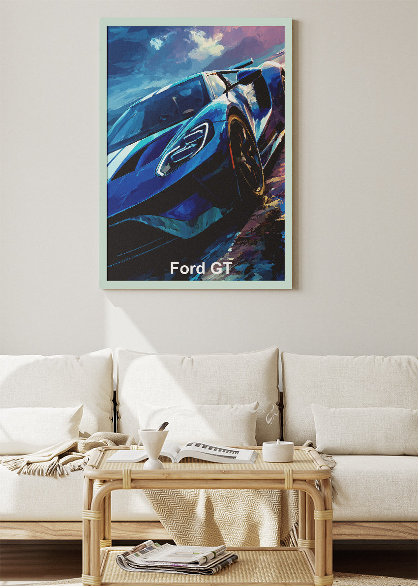 Ford GT Racing Art Poster & Canvas Print – Blue Performance Supercar Wall Art