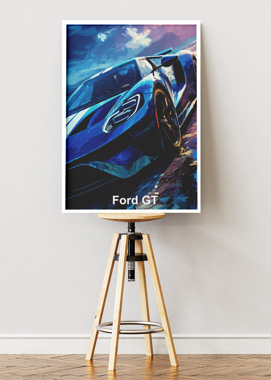 Ford GT Racing Art Poster & Canvas Print – Blue Performance Supercar Wall Art