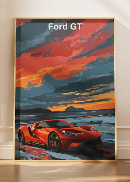 Ford GT Sunset Art Poster & Canvas Print – Red Supercar Coastal Wall Art