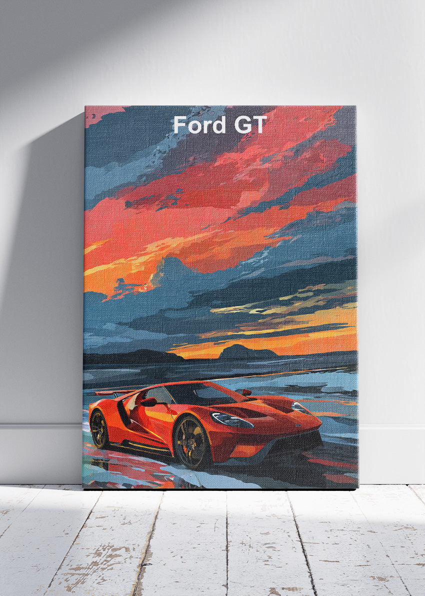 Ford GT Sunset Art Poster & Canvas Print – Red Supercar Coastal Wall Art