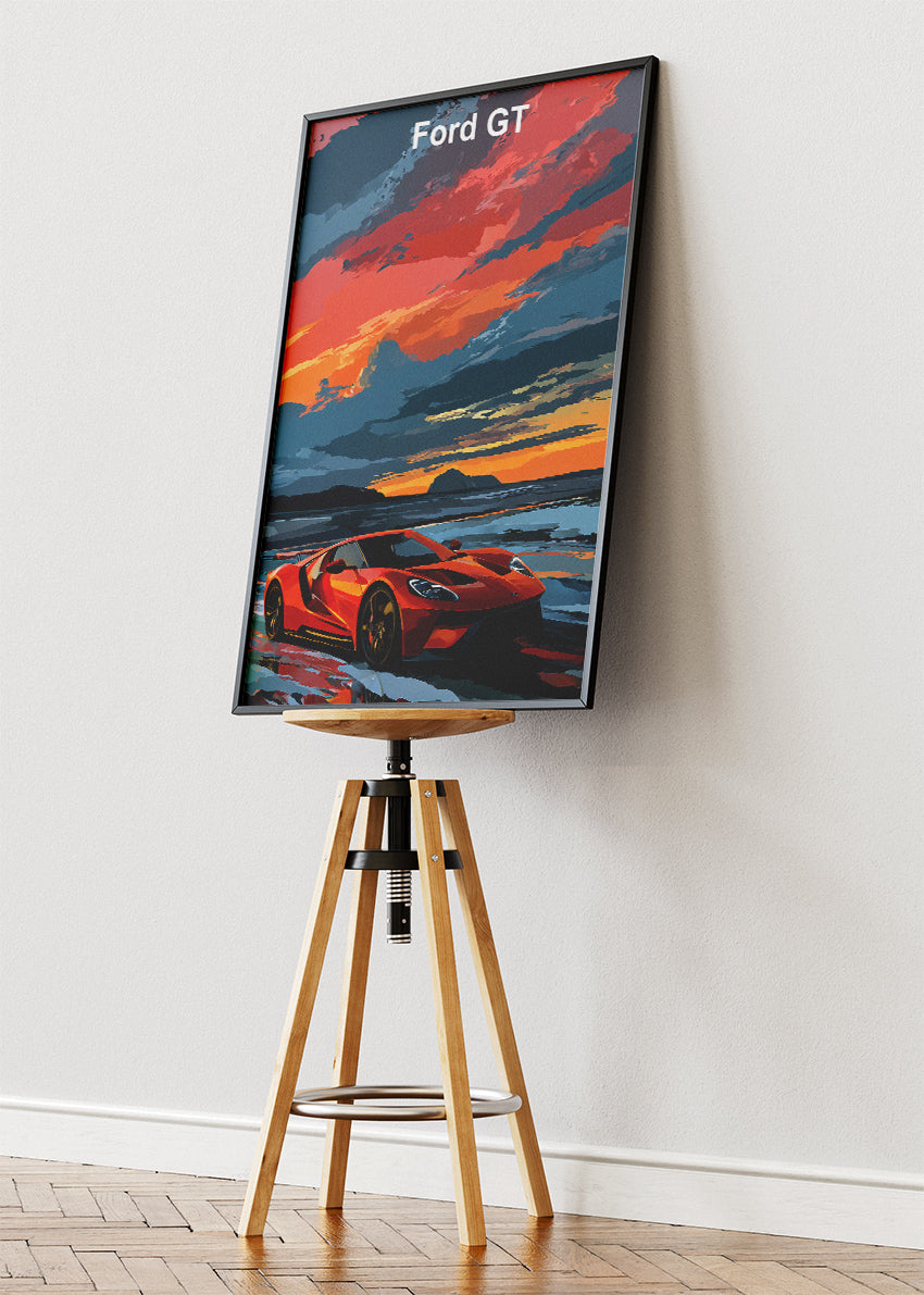 Ford GT Sunset Art Poster & Canvas Print – Red Supercar Coastal Wall Art