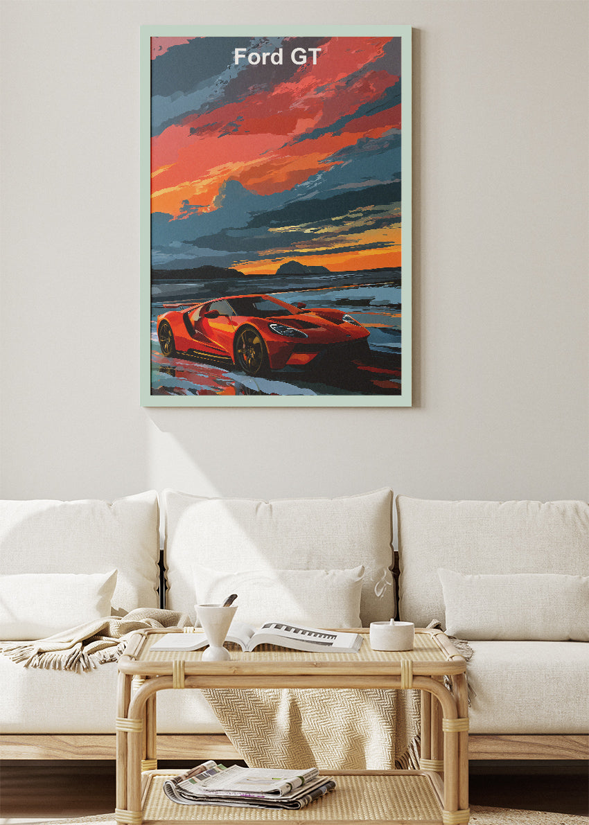 Ford GT Sunset Art Poster & Canvas Print – Red Supercar Coastal Wall Art
