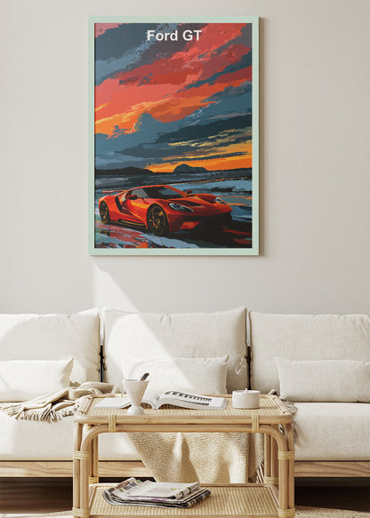 Ford GT Sunset Art Poster & Canvas Print – Red Supercar Coastal Wall Art