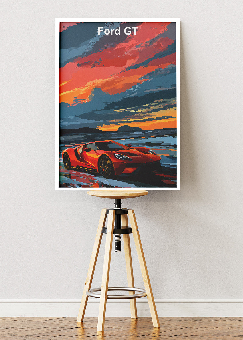 Ford GT Sunset Art Poster & Canvas Print – Red Supercar Coastal Wall Art