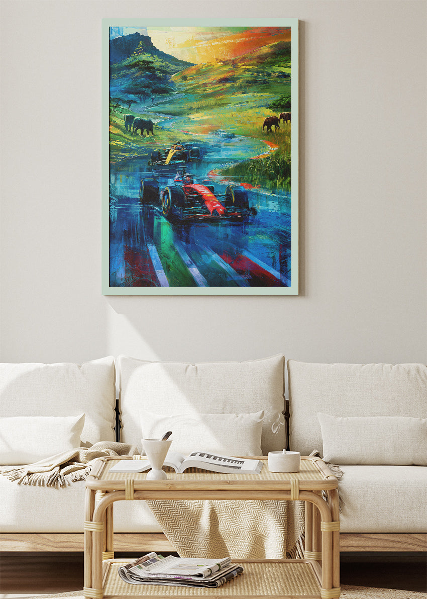 Formula 1 Safari Landscape Poster Canvas Print – Artistic Racing Nature Wall Art – AI PRINT LAB