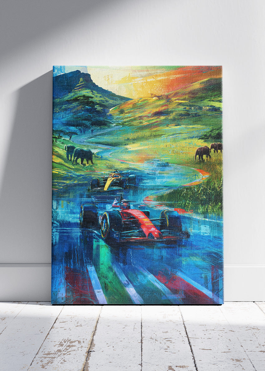 Formula 1 Safari Landscape Poster Canvas Print – Artistic Racing Nature Wall Art – AI PRINT LAB
