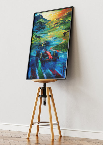 Formula 1 Safari Landscape Poster Canvas Print – Artistic Racing Nature Wall Art – AI PRINT LAB