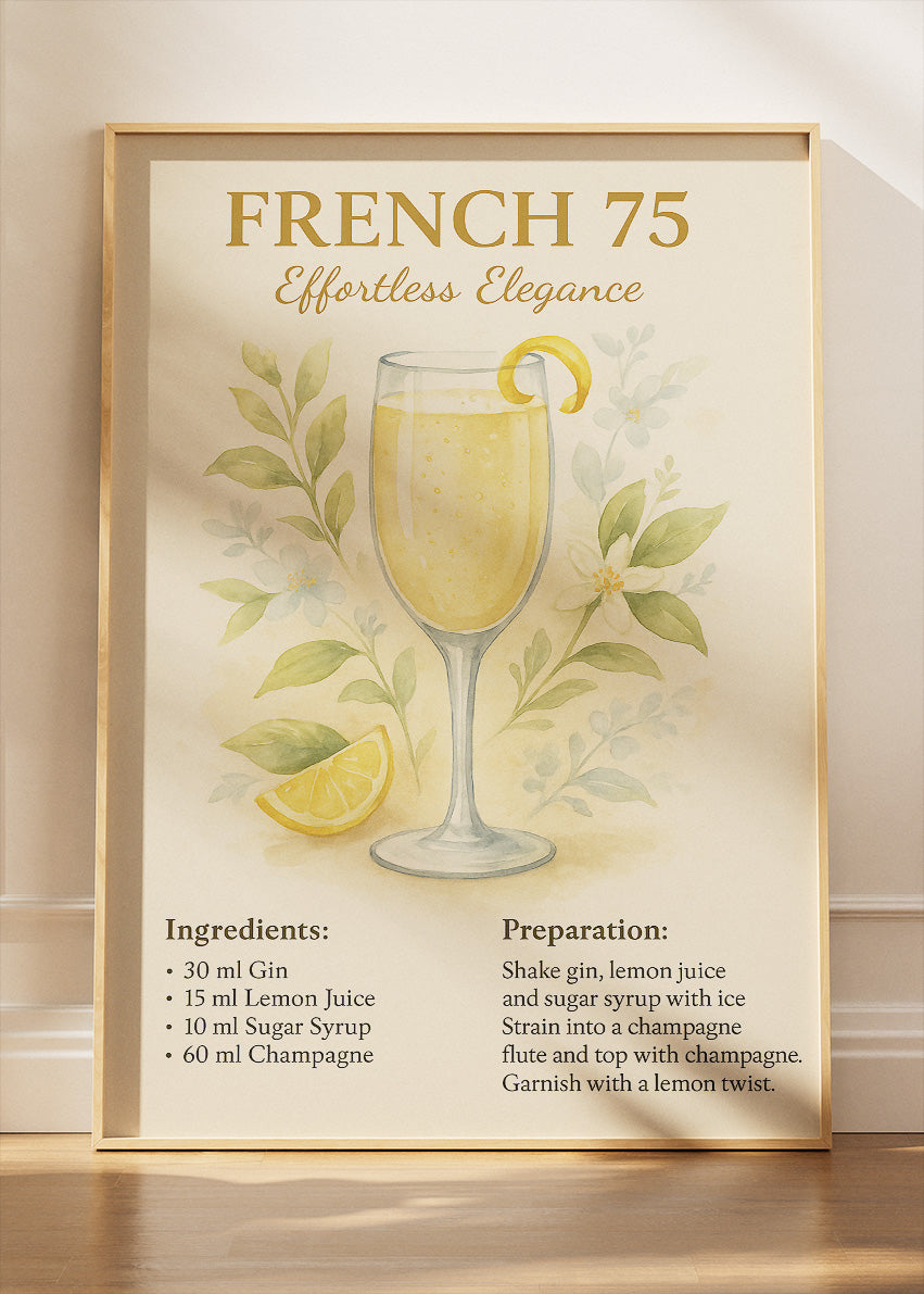French 75 Elegant Cocktail Poster & Canvas Print | Floral Champagne Drink Wall Art