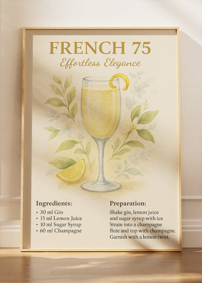 French 75 Elegant Cocktail Poster & Canvas Print | Floral Champagne Drink Wall Art