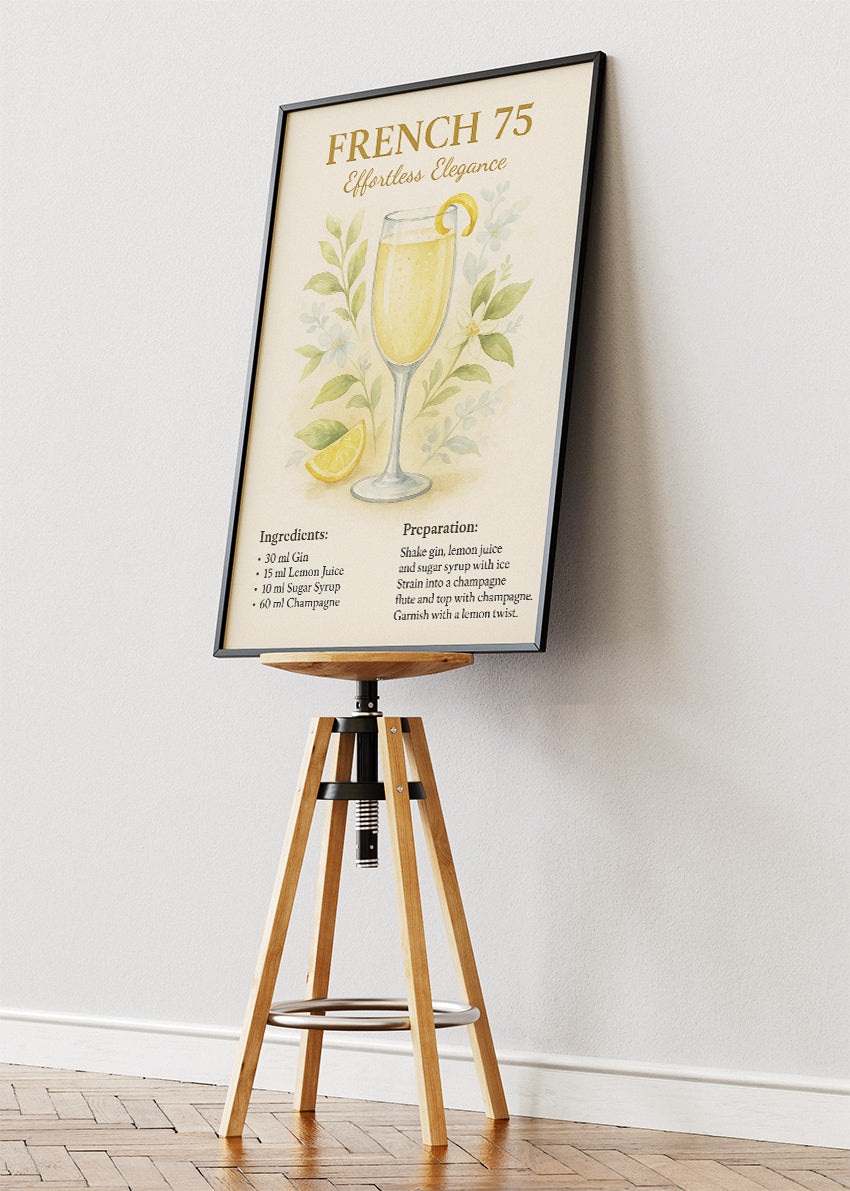 French 75 Elegant Cocktail Poster & Canvas Print | Floral Champagne Drink Wall Art