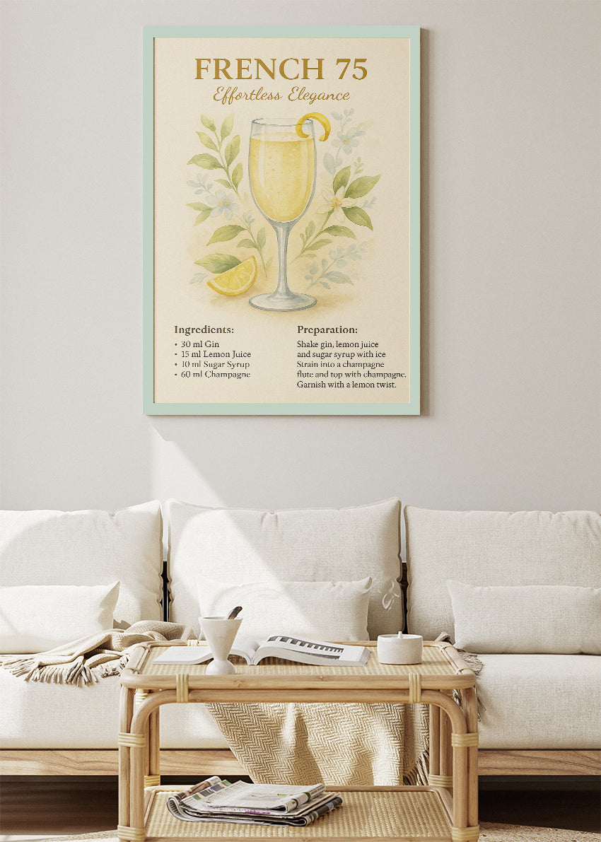 French 75 Elegant Cocktail Poster & Canvas Print | Floral Champagne Drink Wall Art