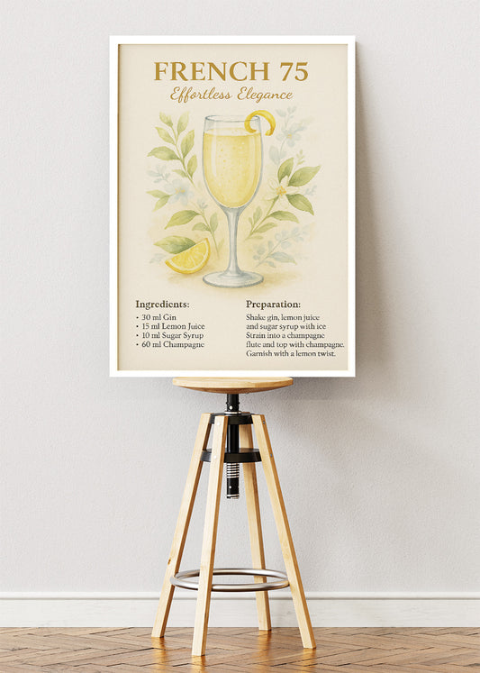 French 75 Elegant Cocktail Poster & Canvas Print | Floral Champagne Drink Wall Art