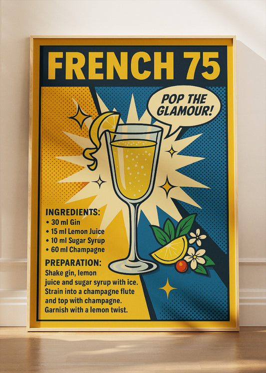 French 75 Pop Art Cocktail Poster & Canvas Print | Retro Champagne Drink Wall Art