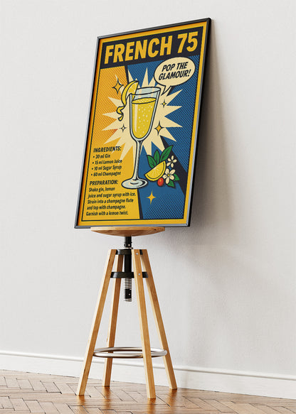 French 75 Pop Art Cocktail Poster & Canvas Print | Retro Champagne Drink Wall Art