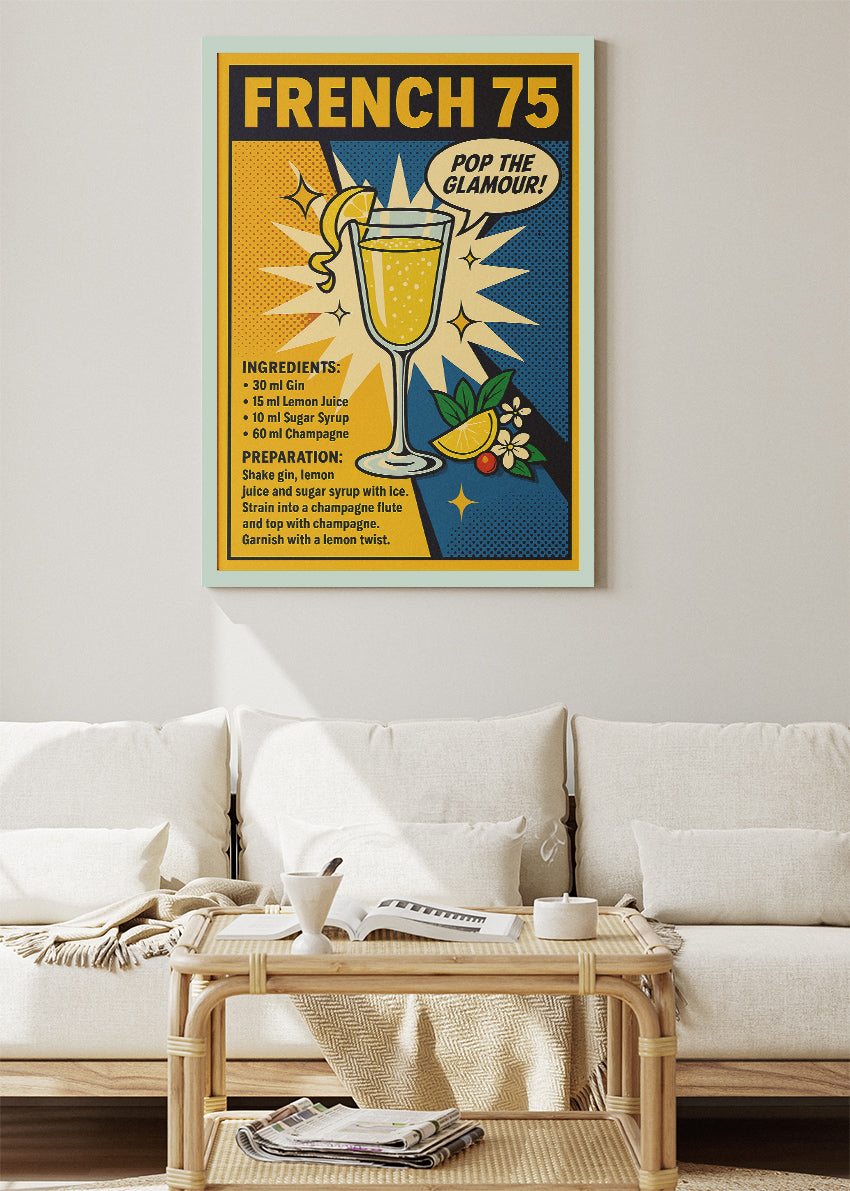 French 75 Pop Art Cocktail Poster & Canvas Print | Retro Champagne Drink Wall Art