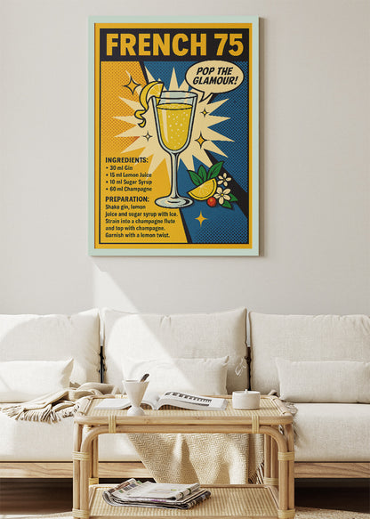 French 75 Pop Art Cocktail Poster & Canvas Print | Retro Champagne Drink Wall Art