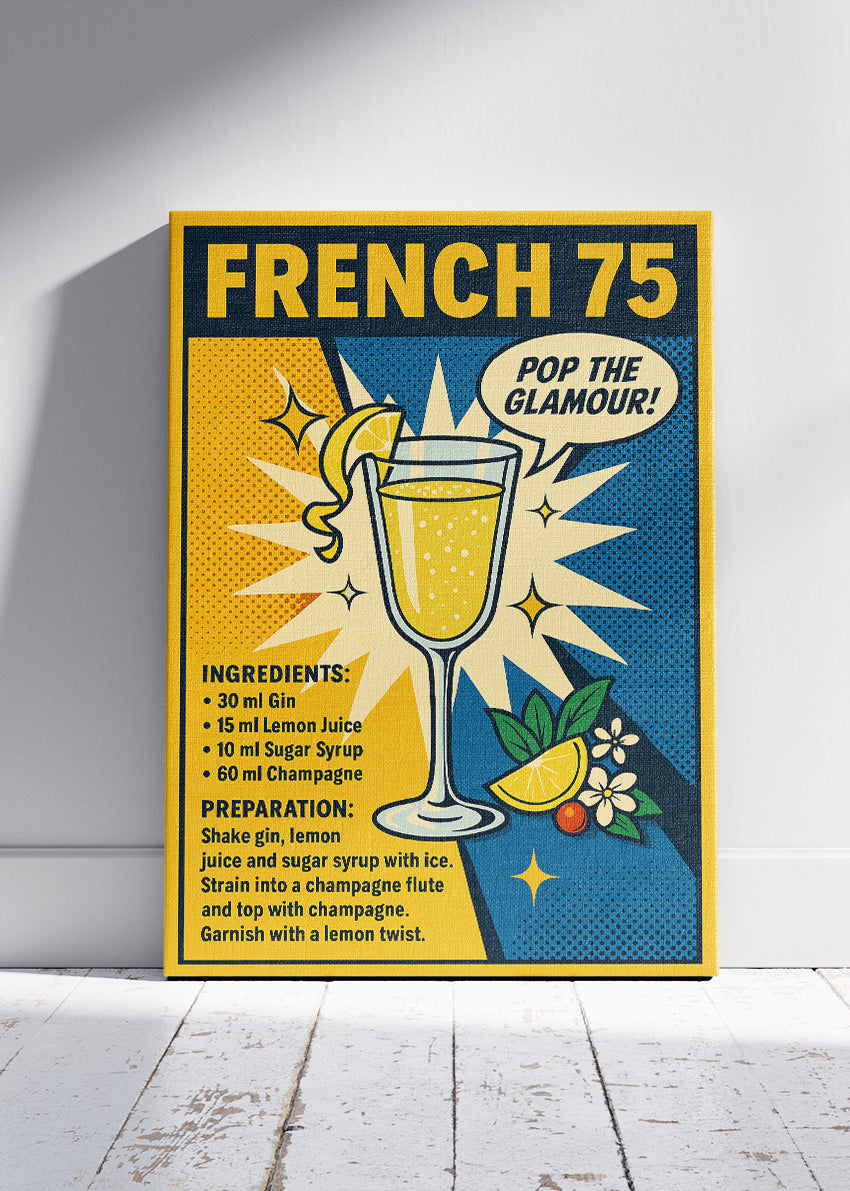 French 75 Pop Art Cocktail Poster & Canvas Print | Retro Champagne Drink Wall Art
