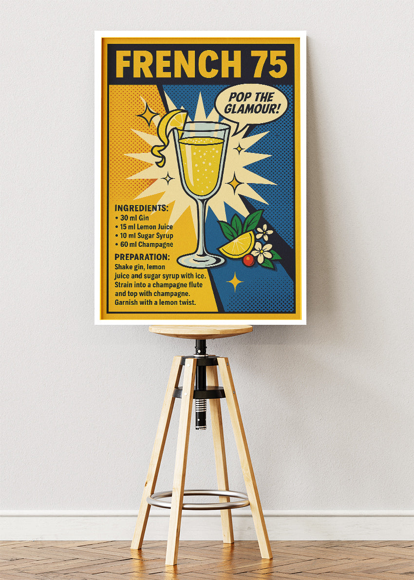 French 75 Pop Art Cocktail Poster & Canvas Print | Retro Champagne Drink Wall Art