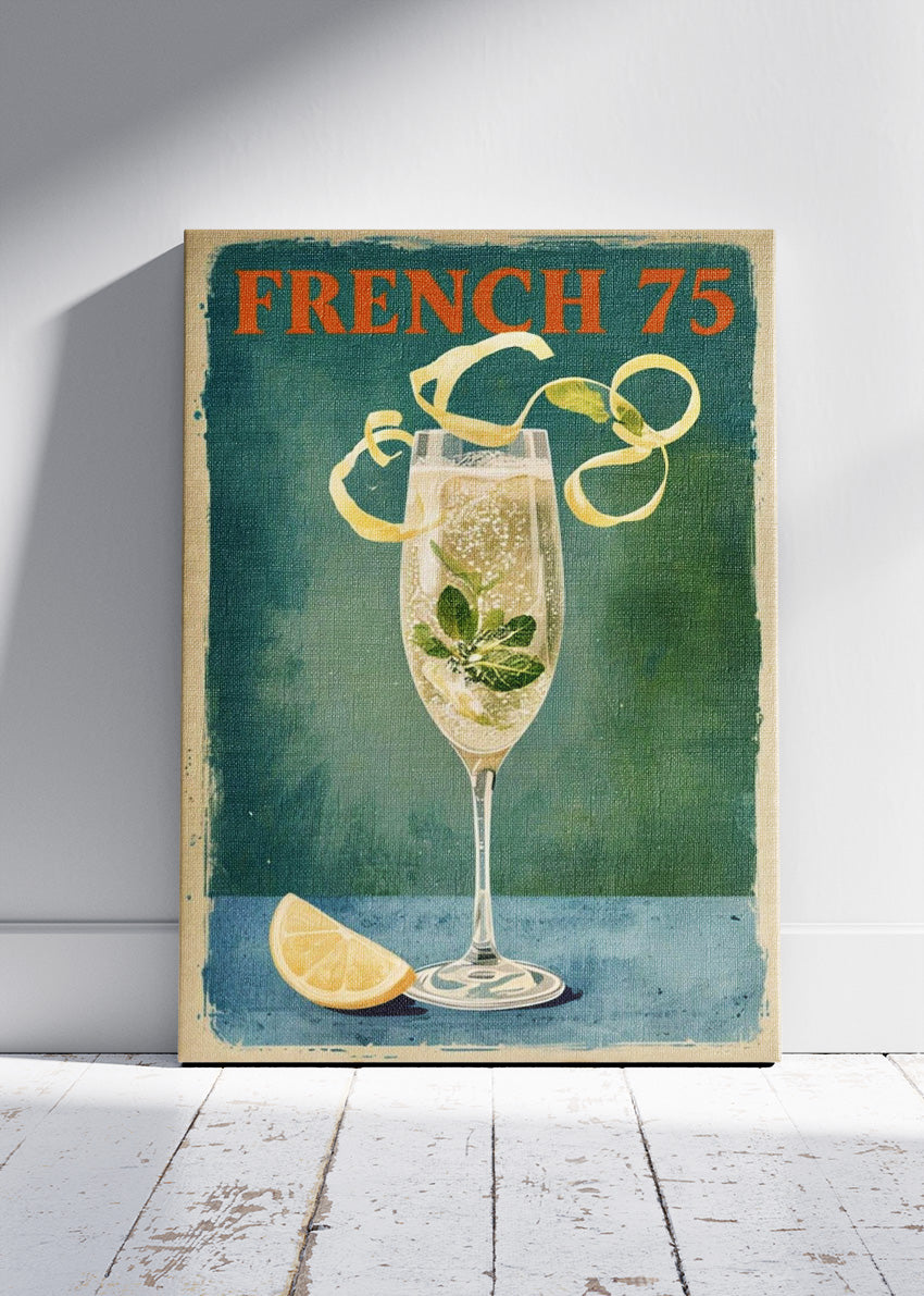 French 75 Vintage Poster & Canvas Print | Classic Champagne Cocktail Wall Art