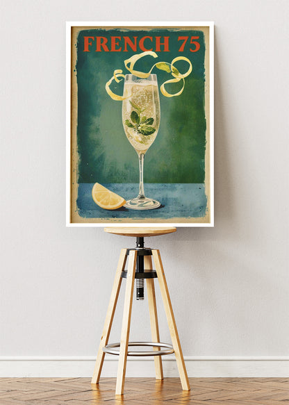 French 75 Vintage Poster & Canvas Print | Classic Champagne Cocktail Wall Art