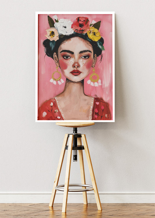 Frida Kahlo Inspired Floral Portrait Wall Art Poster & Canvas Print – Feminine Pink Boho Artwork