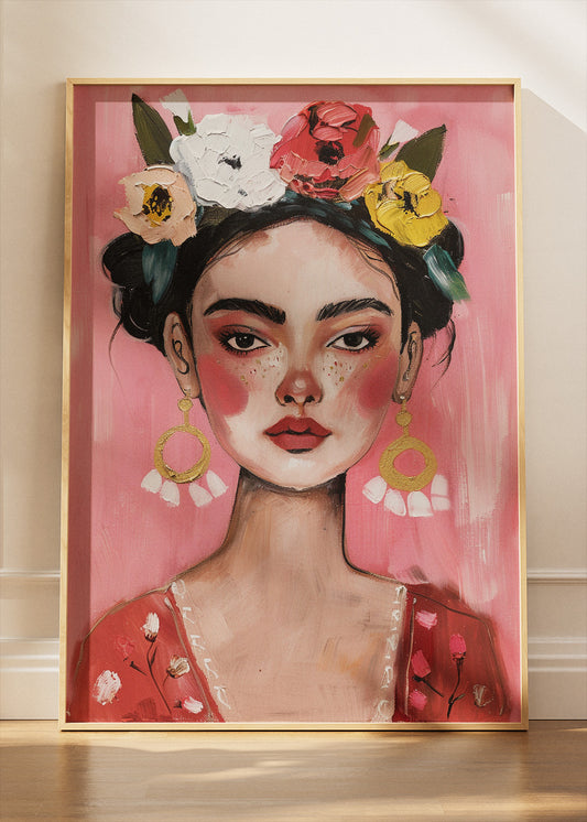 Frida Kahlo Inspired Floral Portrait Wall Art Poster & Canvas Print – Feminine Pink Boho Artwork