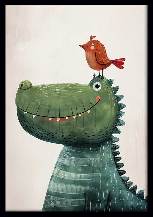 Friendly Crocodile and Bird – Whimsical Kids Poster & Canvas Art – T771 – AiPrintLab