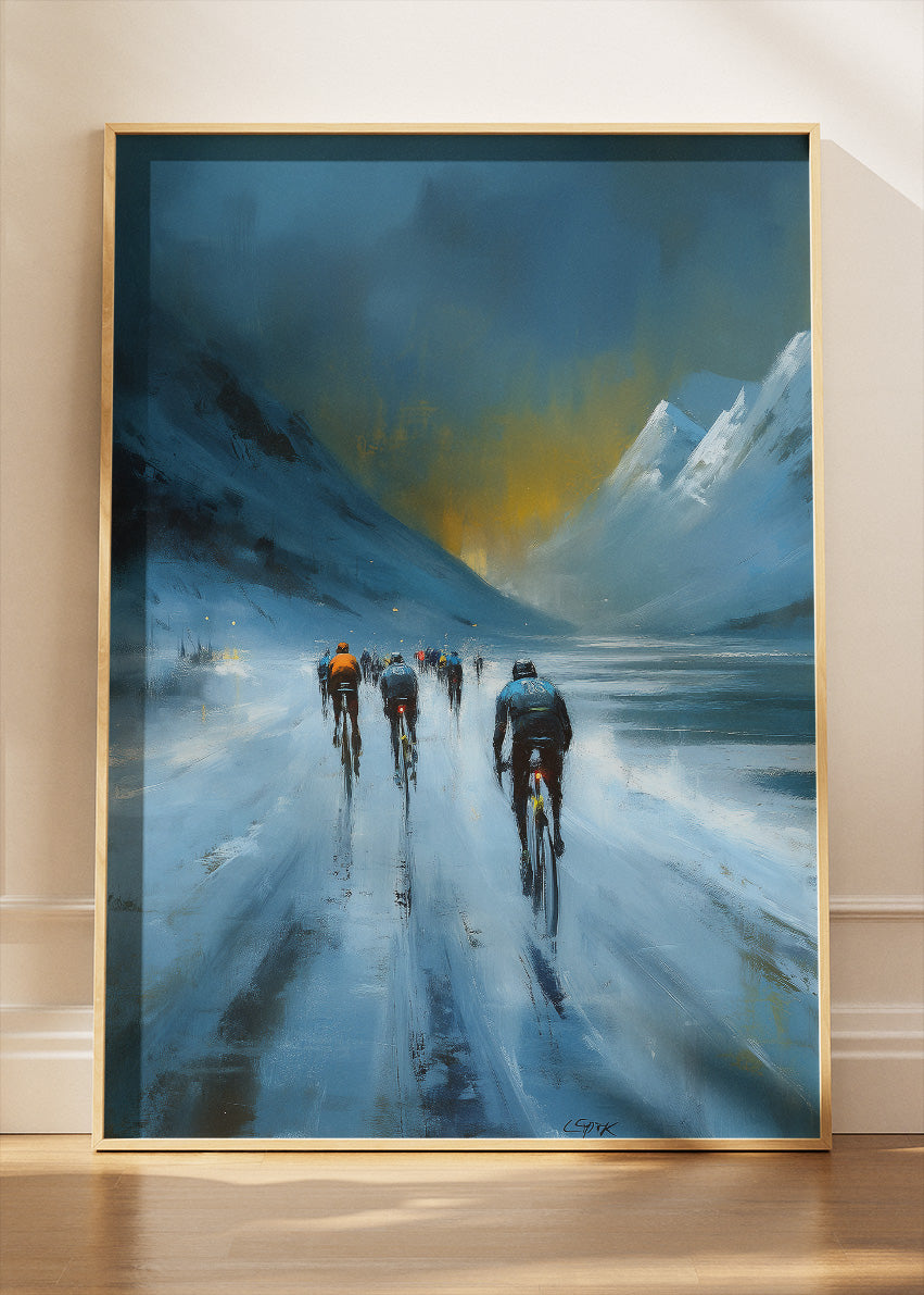 Frozen Mountain Cycling Poster & Canvas Art Print – Peloton Riding Through Icy Alpine Pass
