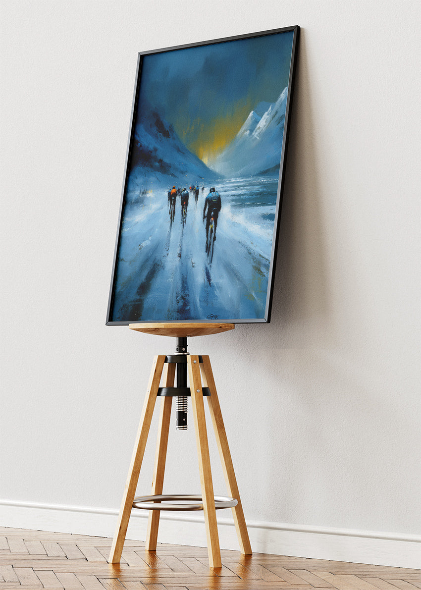 Frozen Mountain Cycling Poster & Canvas Art Print – Peloton Riding Through Icy Alpine Pass