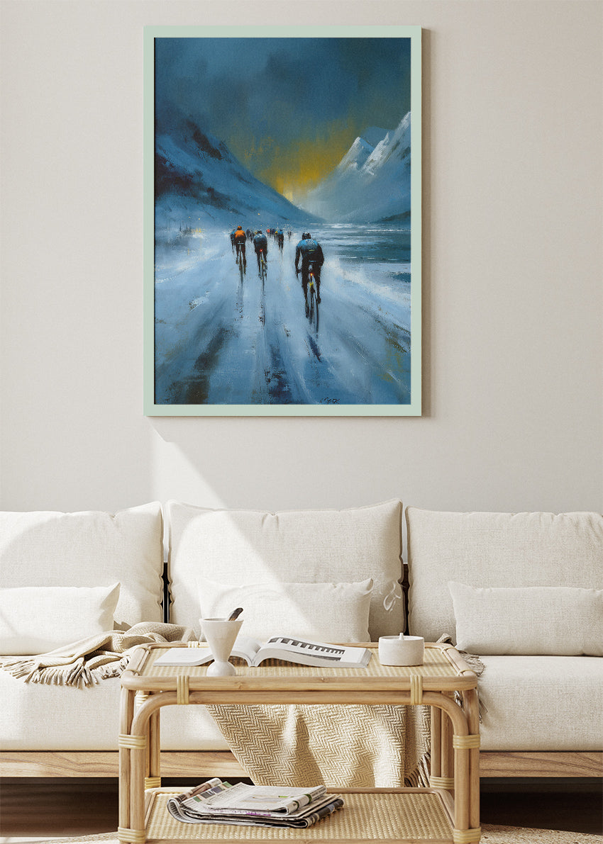 Frozen Mountain Cycling Poster & Canvas Art Print – Peloton Riding Through Icy Alpine Pass