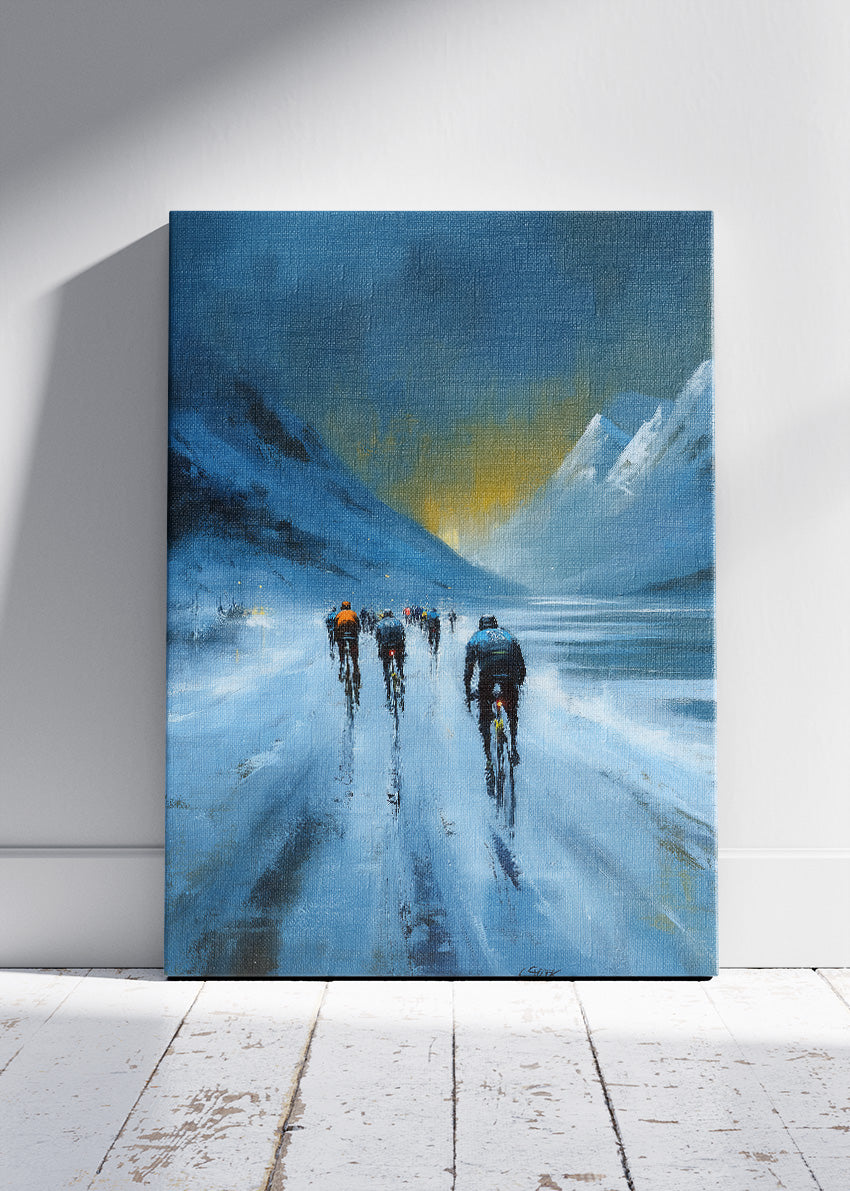 Frozen Mountain Cycling Poster & Canvas Art Print – Peloton Riding Through Icy Alpine Pass