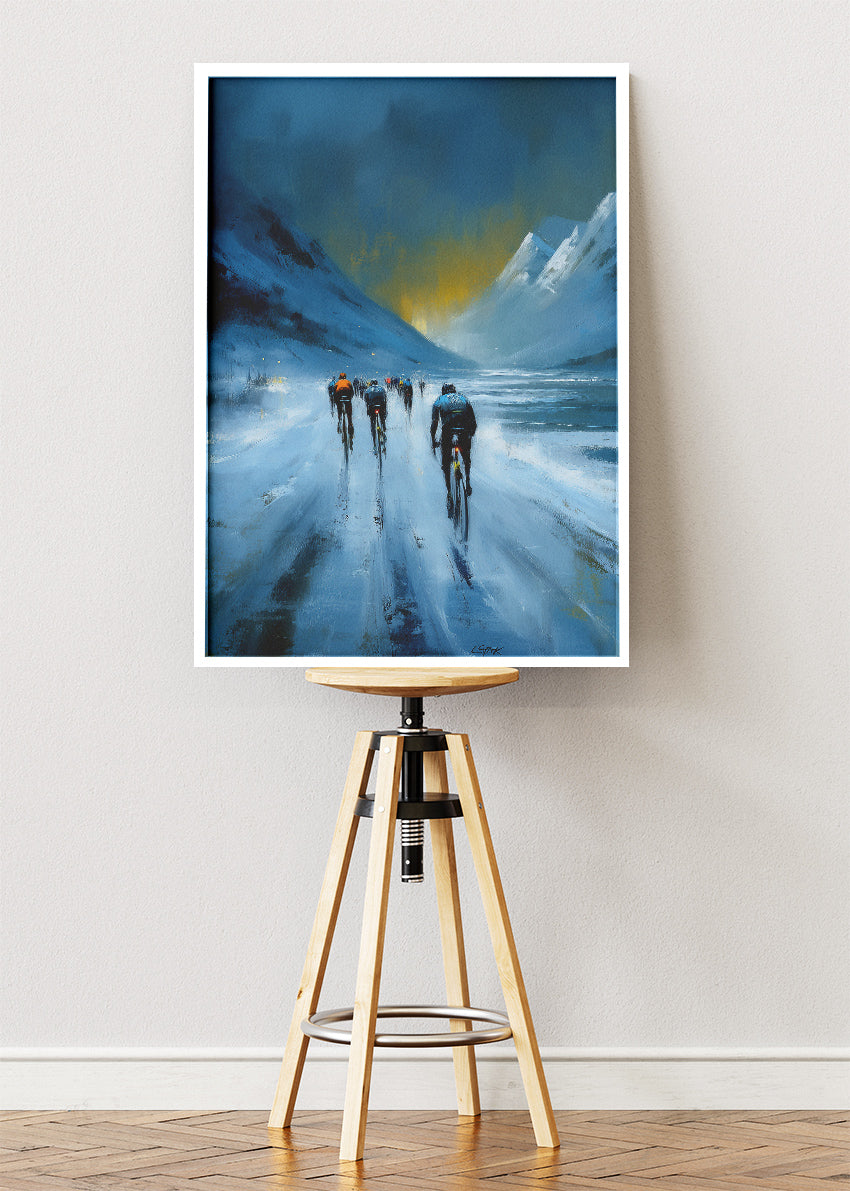 Frozen Mountain Cycling Poster & Canvas Art Print – Peloton Riding Through Icy Alpine Pass