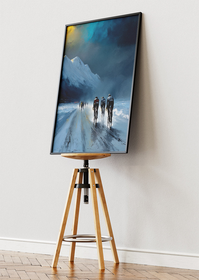 Frozen Night Cycling Poster & Canvas Art Print – Peloton Riding Through Icy Mountain Road