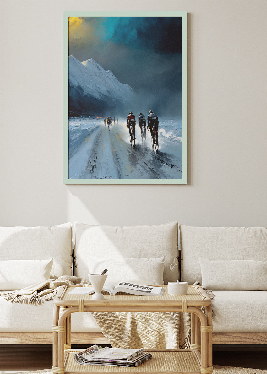 Frozen Night Cycling Poster & Canvas Art Print – Peloton Riding Through Icy Mountain Road