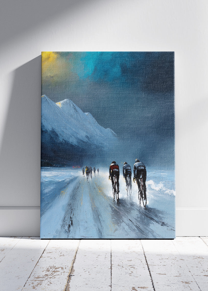 Frozen Night Cycling Poster & Canvas Art Print – Peloton Riding Through Icy Mountain Road