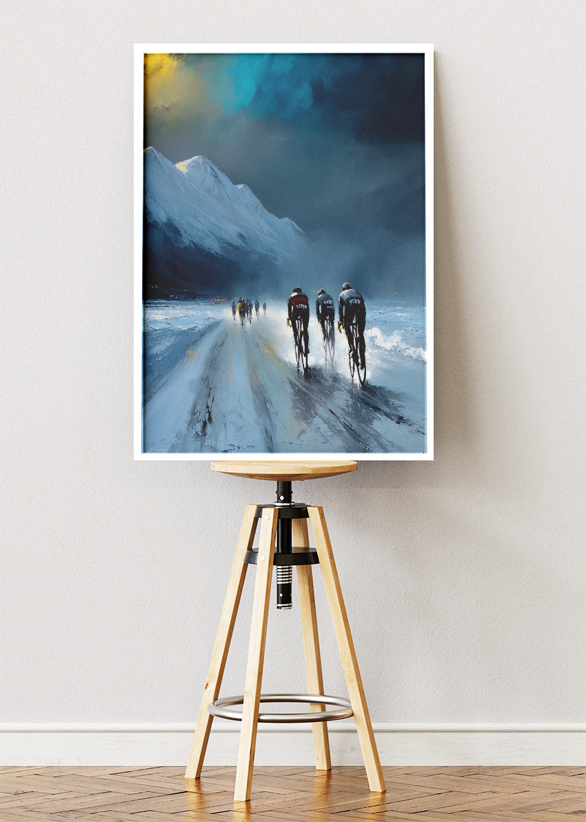 Frozen Night Cycling Poster & Canvas Art Print – Peloton Riding Through Icy Mountain Road