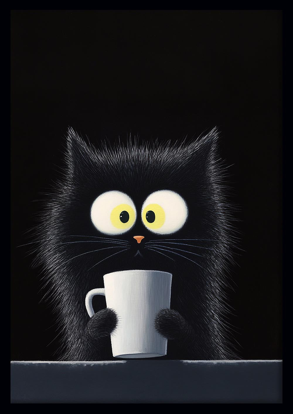 Funny Black Cat Holding Coffee Mug – Cute Cartoon Animal Art Print – T1170 – AiPrintLab